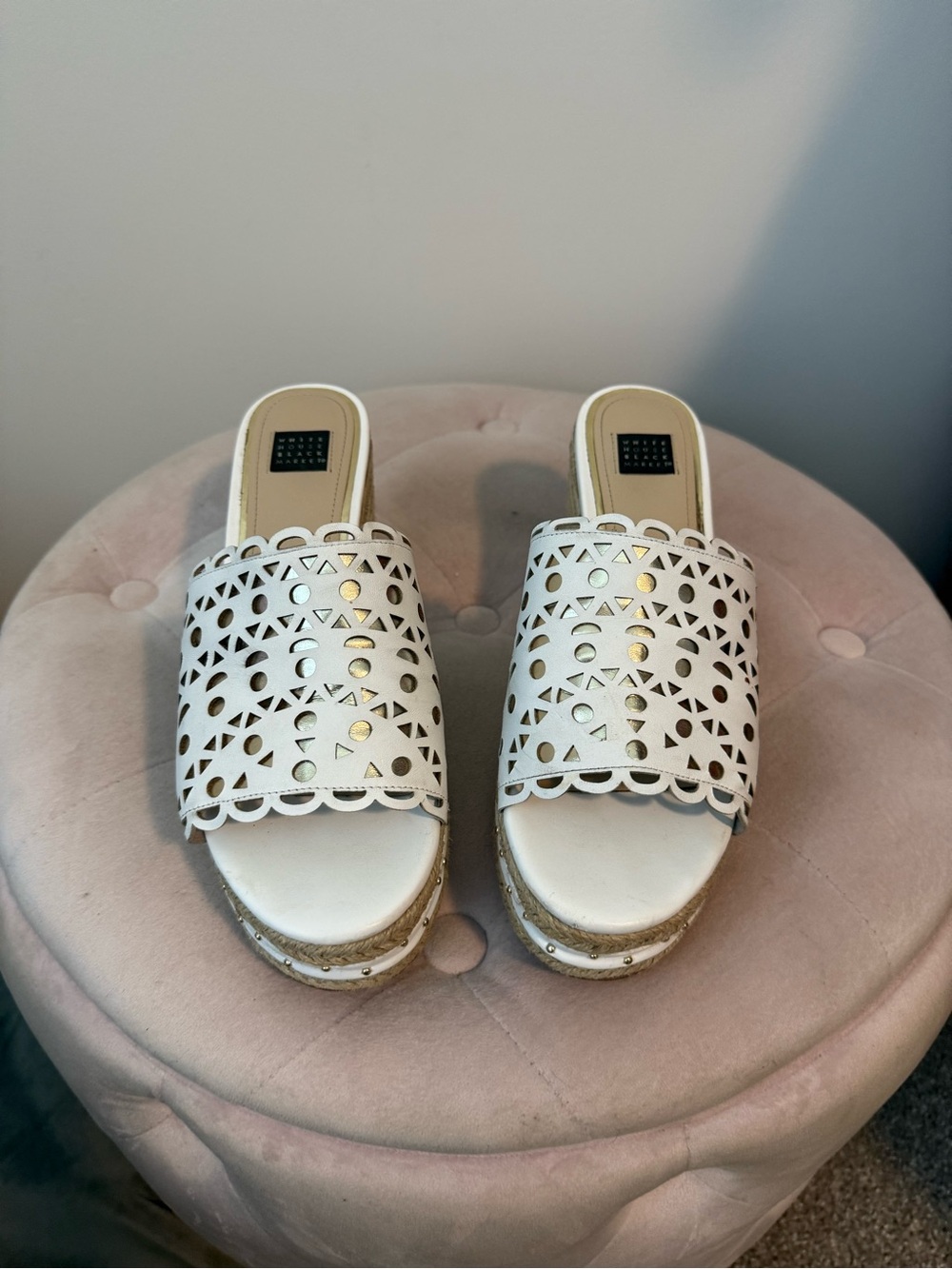White House Black Market White Laser-Cut Slide Mules with Braided Trim